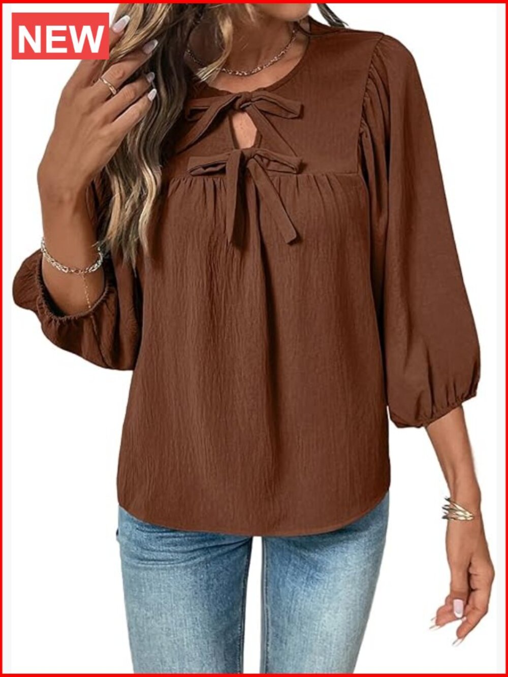 3/4 Sleeve Blouse with Bow Tie Neckline Dressy Casual Top Babydoll Peasant Top